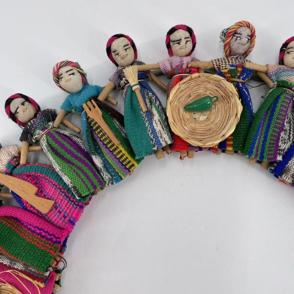 Handmade Guatemalan Worry Doll Wreath 12.5in Colorful FolkArt Wall Hanging Decor
